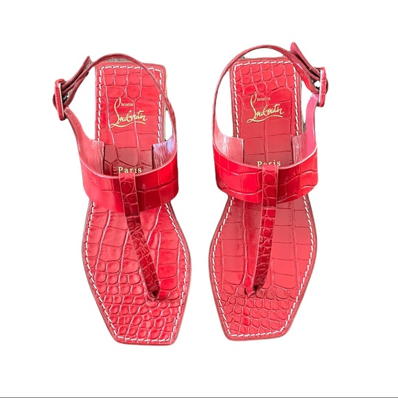 NEW Christian Louboutin Cubongo Crocodile Embossed Flat Sandals size 37.5 - Picture 2 of 12